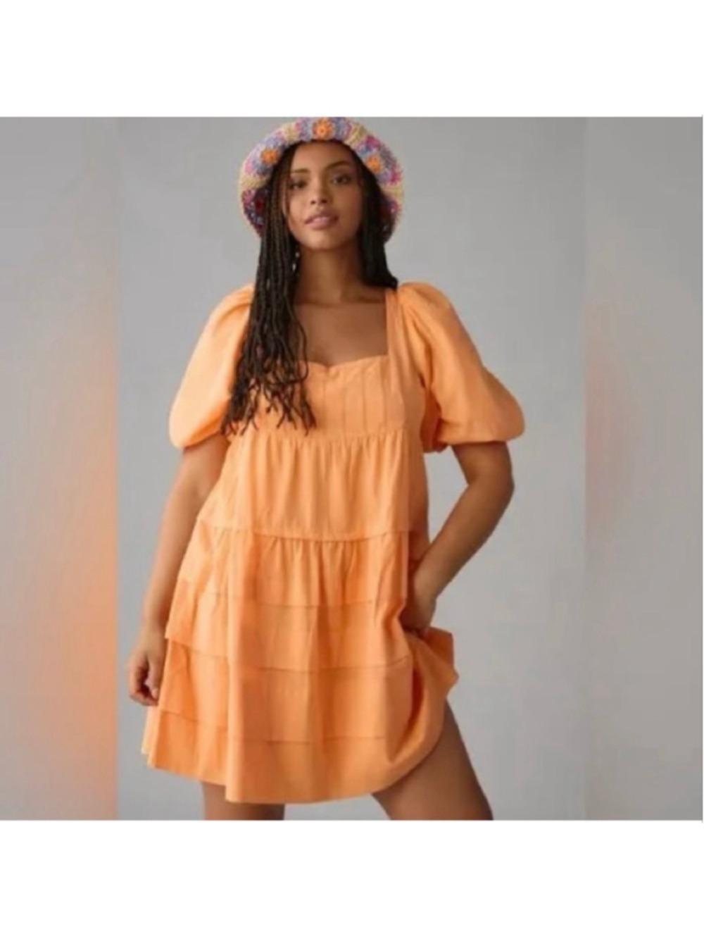 Anthropologie Orange Tiered Mini Dress Size Small Puff Sleeve Cotton Boho